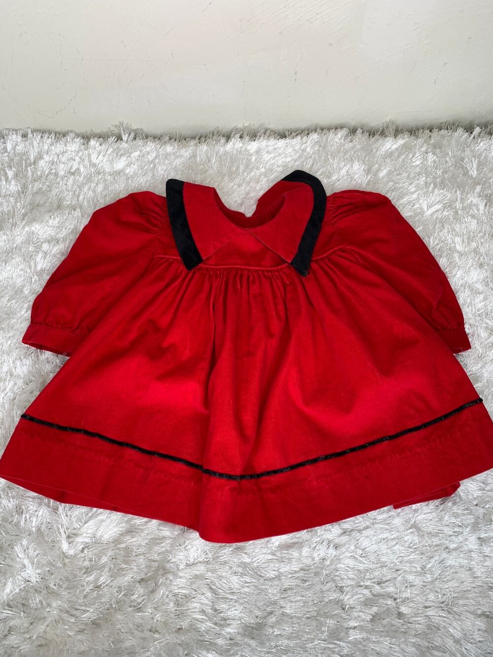 Vintage Ruth of Carolina Red Corduroy Dress Velvet Collar Trim Black Sz 18 Mo
